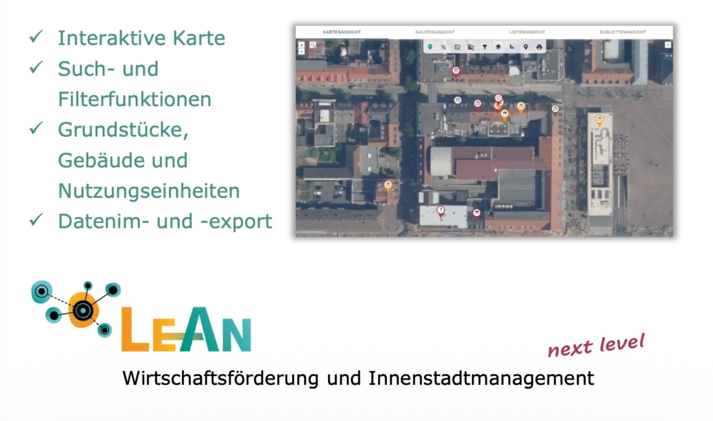 Interaktive Karte Such- und Filterfunktionen Grundstücke Gebäude und Nutzungseinheiten Datenim- und -export