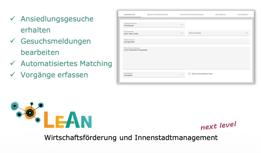 Ansiedlungsgesuche erhalten Gesuchsmeldungen bearbeiten Automatisiertes Matching Vorgänge erfassen